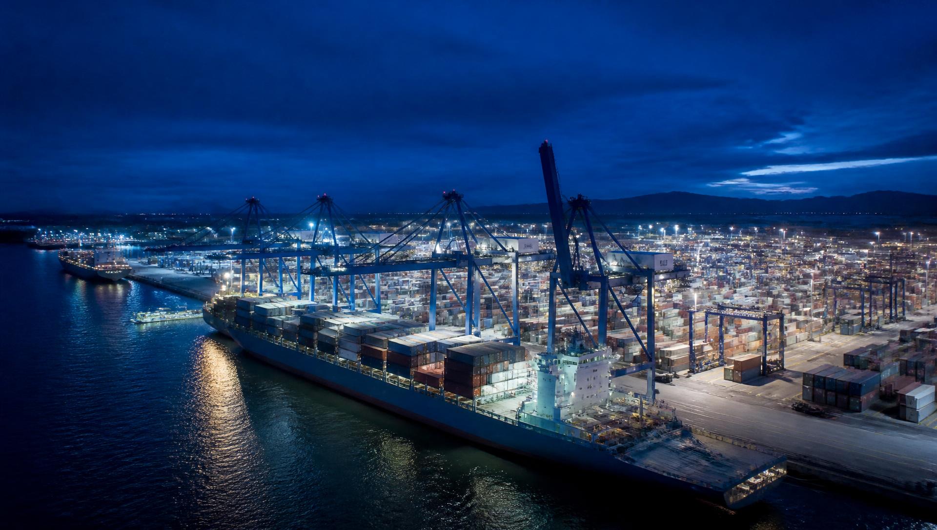 Container port at blue hour with cranes loading a cargo vessel